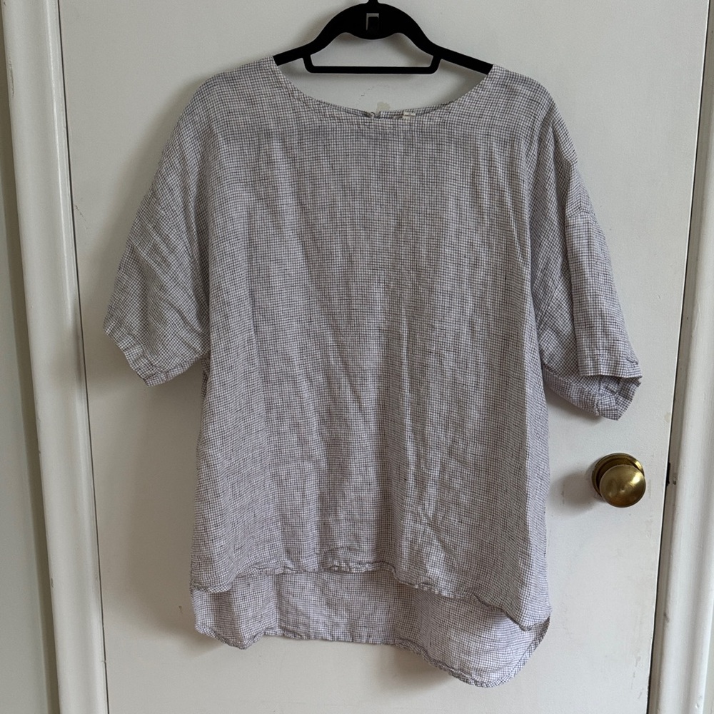 Eileen Fisher linen white and black grid tunic blouse